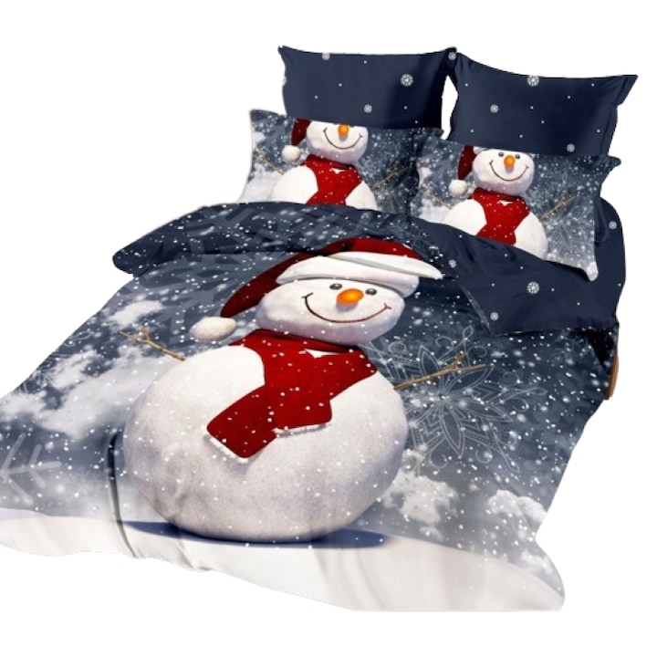 Lenjerie de pat Craciun, Finet, 6 piese, 2 persoane, 180X200cm, Multicolor, Merry Snowman