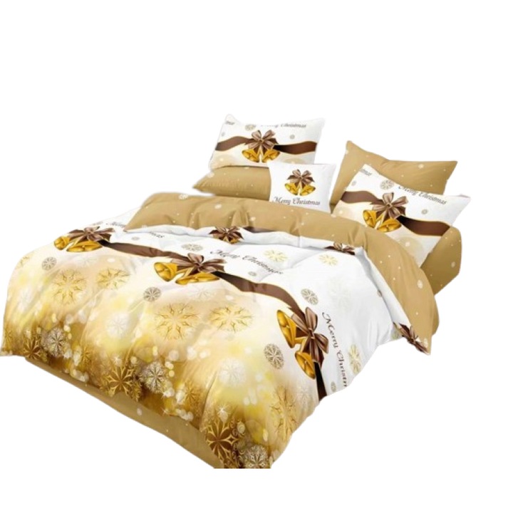 Lenjerie de pat Craciun, Finet, 6 piese, 2 persoane, 230x250cm, Multicolor, Clopotei