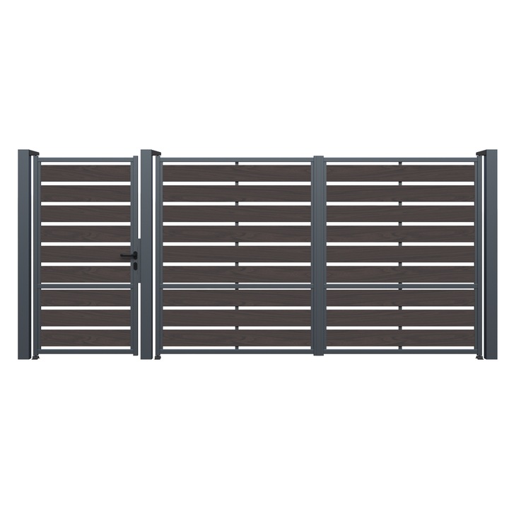 Set poarta auto si pietonala, Todome, negru, Model 75 cu WPC maro, 430 x 180 cm, cu accesorii si stalpi