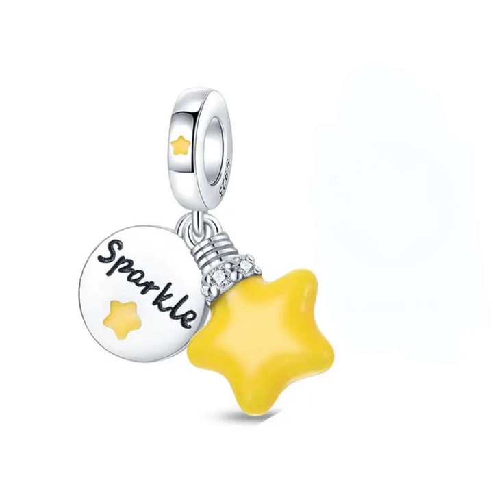 925 ezüst Talisman Charm medál, Pandora kompatibilis, sárga foszforeszkáló csillag, 1 cm