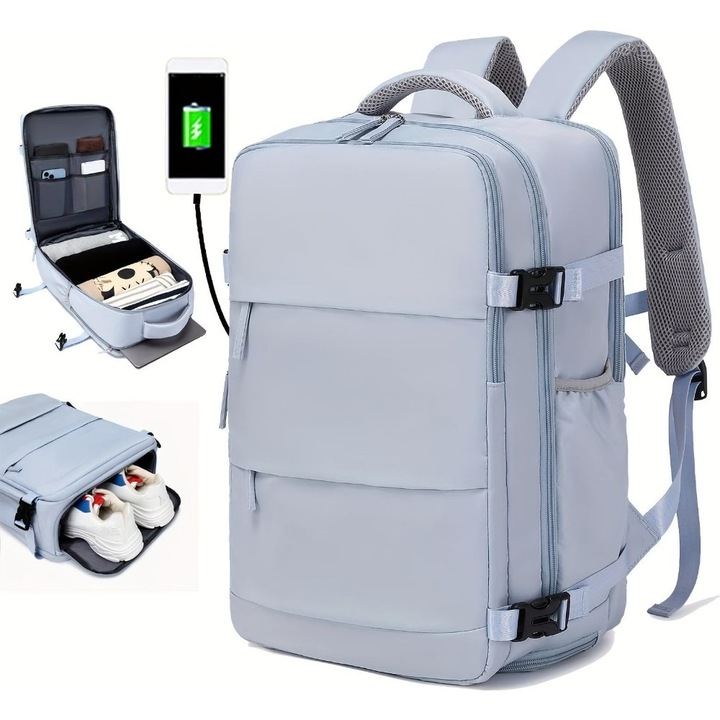 Rucsac multifunctional, Rezistent la apa, respirabil si spatios, cu Port de incarcare USB, smart casual pentru Business/ Calatorii si Laptop 40 x 30 x 18 cm, Albastru Deschis