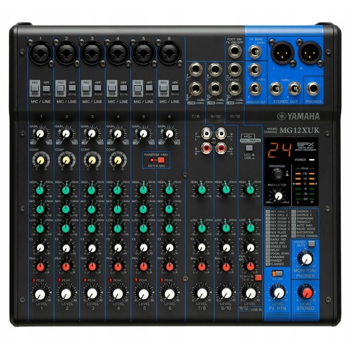 Аналогов аудио миксер Yamaha MG12 XUK, 12 канала, 6 входа за микрофон, 3 стерео входа, размери 31.5x9.1x29.7cm