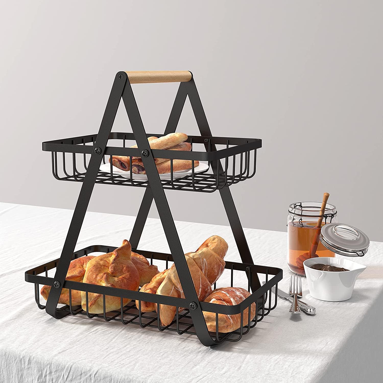 Cos Fructe Inox Cos de fructe cu 2 etaje, awwaline, negru, metalic, 31.5 cm x 20 cm x ...