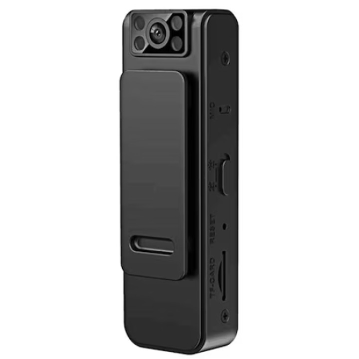 Видеокамера за тяло, акумулаторна батерия, въртяща се на 90° камера, функция за запис на звук, черен