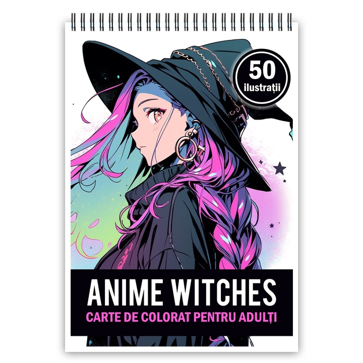 Carte de colorat pentru adulti, 50 de ilustratii Anime Witches, 106 pagini