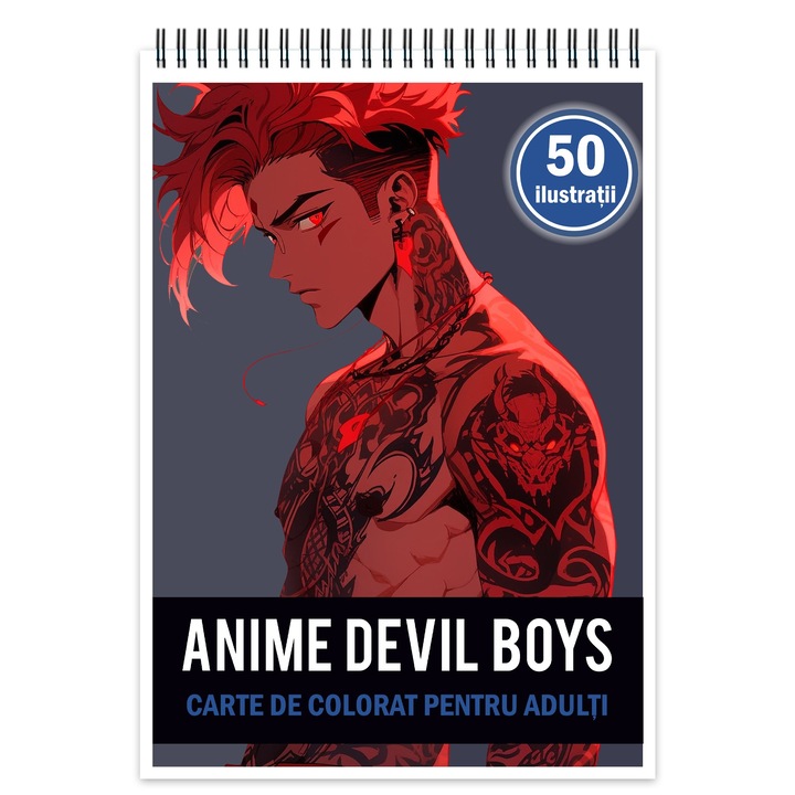 Carte de colorat pentru adulti, 50 de ilustratii, Anime Devil Boys, 106 pagini