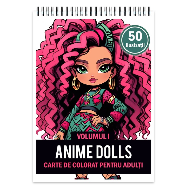 Carte de colorat pentru adulti, 50 de ilustratii, Anime Dolls - Volumul I, 106 pagini