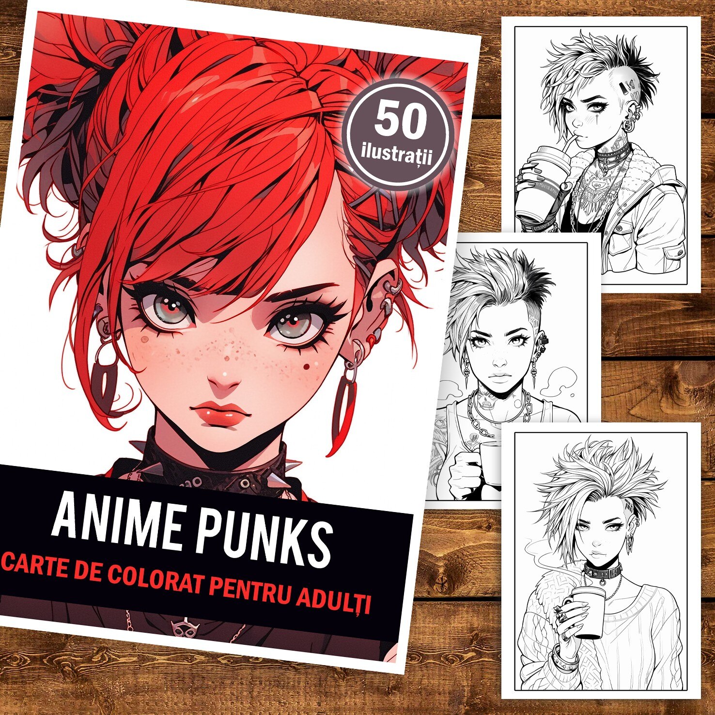 Carte de colorat pentru adulti, 50 de ilustratii, Anime Punk Girls, 106