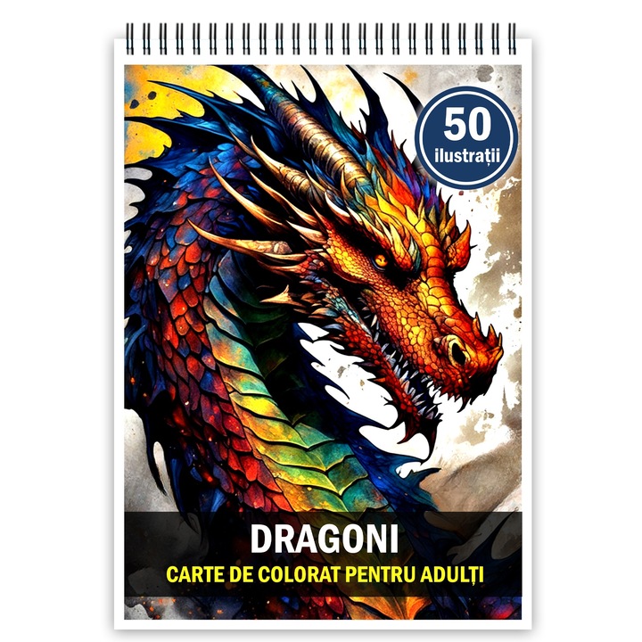Carte de colorat pentru adulti, 50 de ilustratii, Dragoni, 106 pagini