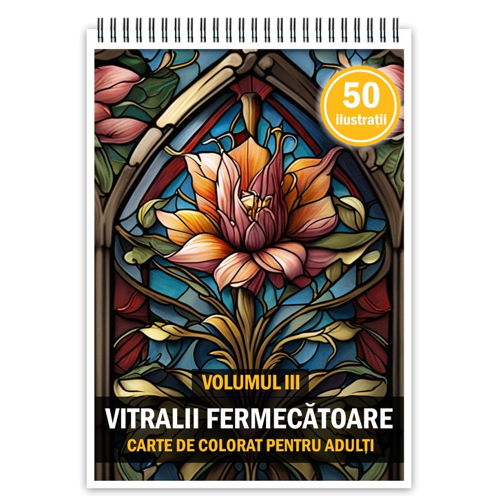 Carte de colorat pentru adulti, 50 de ilustratii, Vitralii Fermecatoare - Volumul III, 106 pagini
