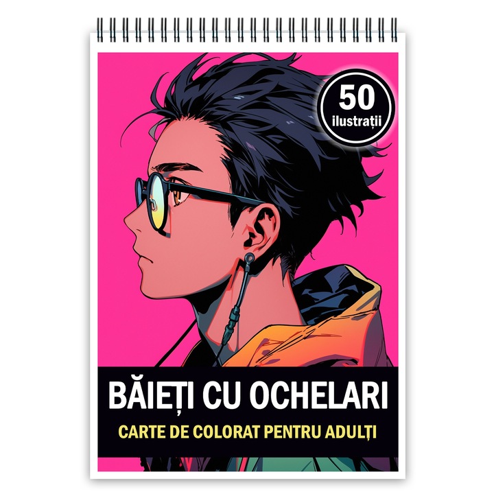 Carte de colorat pentru adulti, 50 de ilustratii, Baieti cu ochelari, 106 pagini