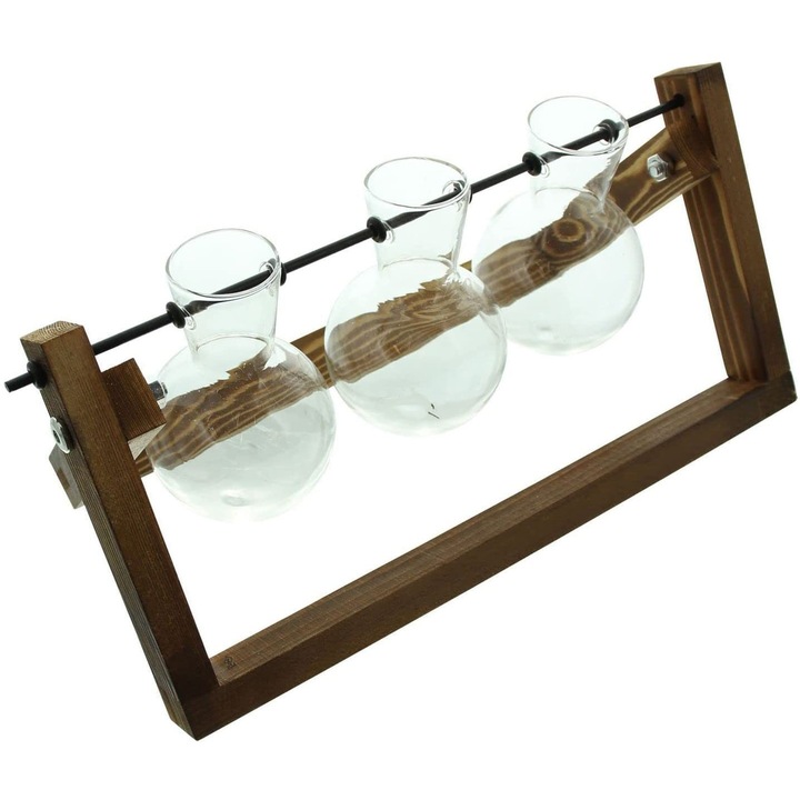 Accesoriu decorativ, vaza hidroponica cu 3 vase din sticla, Zola®, suport din lemn, pliabil, dimensiuni suport 28x13.5 cm