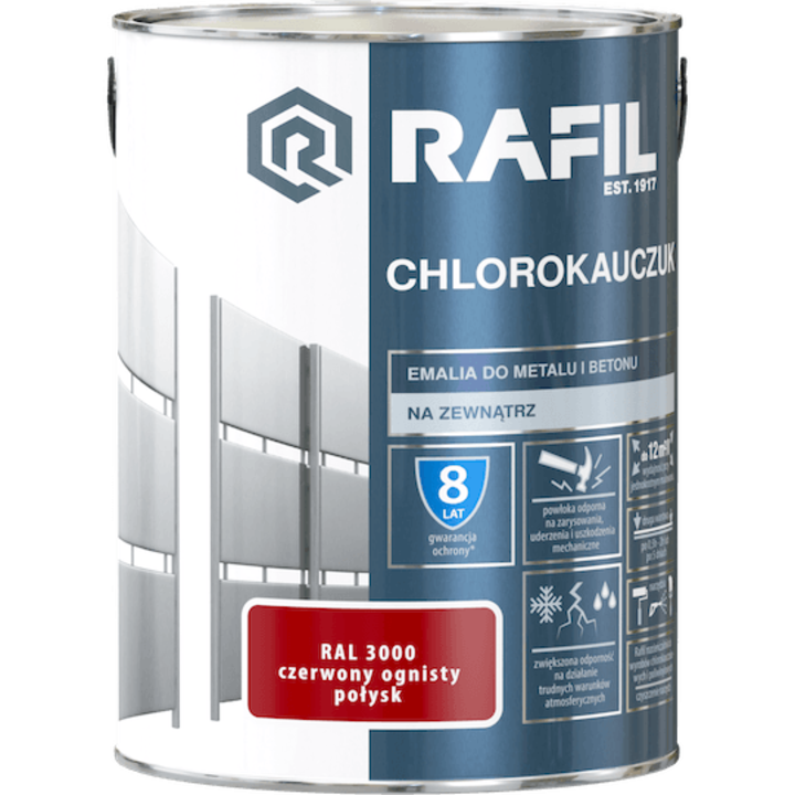 Klórviasz festék fémre/betonra, Rafil, Fényes felület, RAL 3000, Élénkpiros, 5L