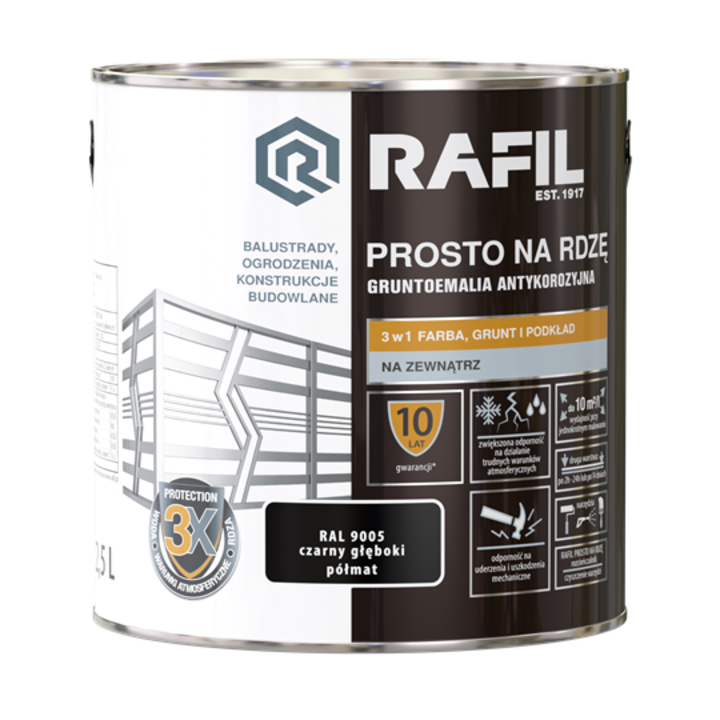 Rozsdagátló festék Rafil POLMAT 2,5l, fekete, félmatt, víz- és UV álló