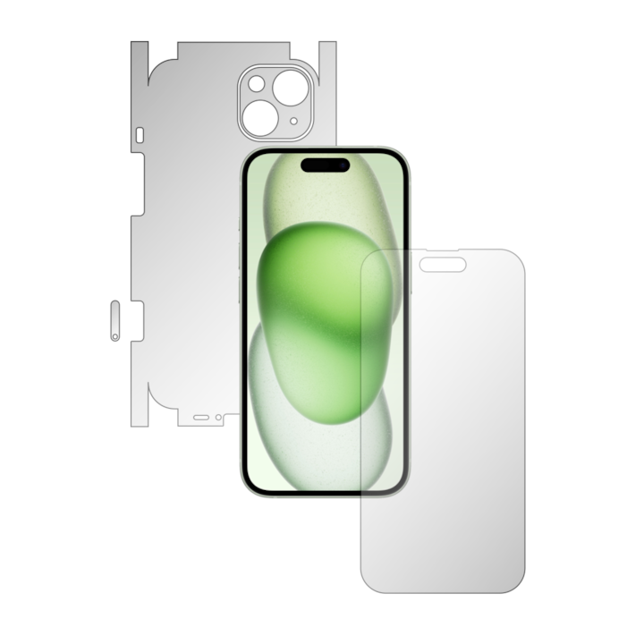 iSkinz teljes fedésű fólia Apple iPhone 15 telefonhoz – láthatatlan Skinz HD, 360 fokos vágás, ultratiszta szilikon képernyővédelem, hát- és oldalborítás, öntapadó bőr, átlátszó