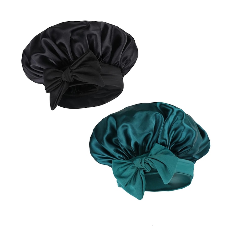 Комплект от 2 сатенени бонета, NUODWELL, сатенен материал, мек и дишащ, поддържа влагата на косата и намалява заплитането, с ластик за добра фиксация, защита при сън, черен и зелен