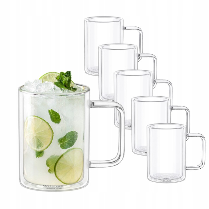 6 db duplafalú bögre készlet, Wilmax England, 400 ml, hőálló üveg, átlátszó