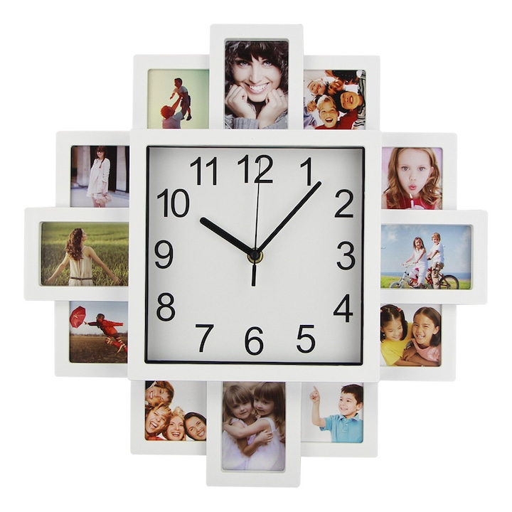 Декоративен стенен часовник с колажна рамка за снимки, XinXu, 12 изображения, 38,5 x 38,5 см, Бял