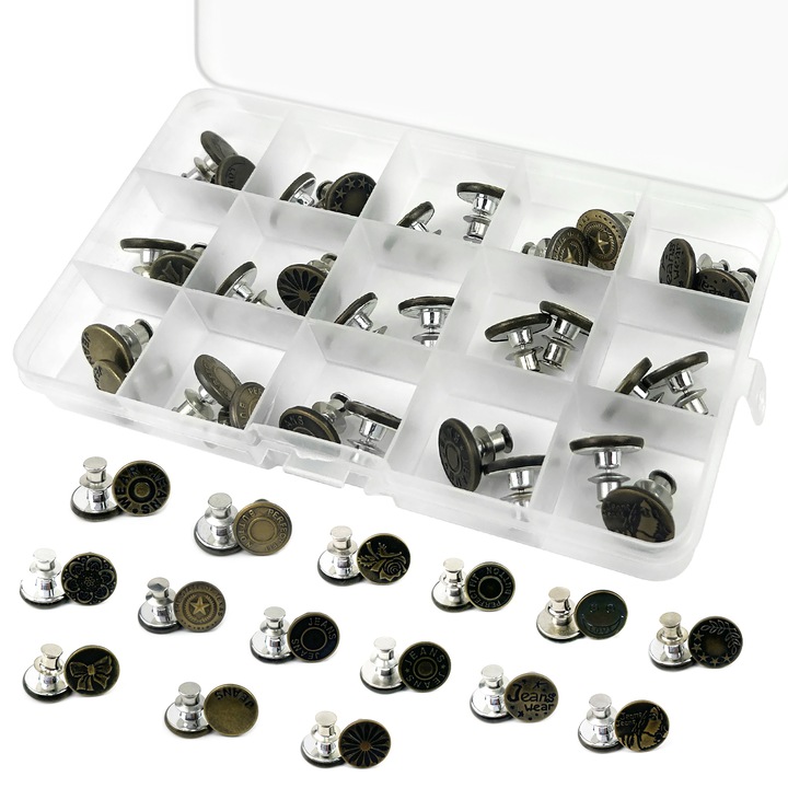 Set 30 butoane de inlocuire pentru nasturi de blugi, Cersaty, Metal, Argintiu