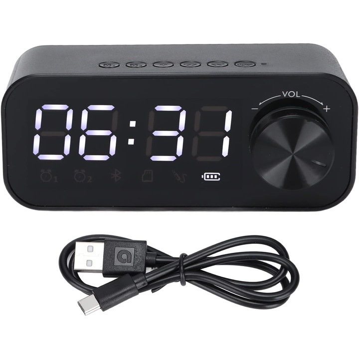 1Tech többfunkciós Bluetooth hangszóró, B126 modell, órával, rádiós ébresztőórával, 1200 mAh, LED digitális kijelző, hálószobákba és irodákba, fekete