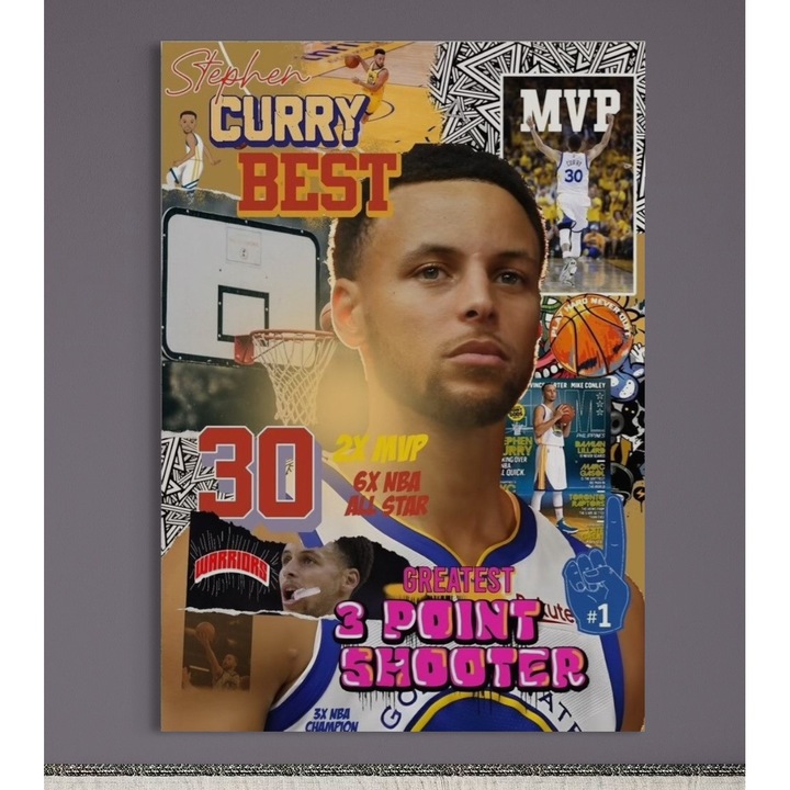 Tablou Canvas Premium, LuxCanva® B1001, Stephan Curry, 50 X 75 CM, Panza Bumbac 100% 400g/m2, Sasiu Lemn, Decorativ, Sportiv, Baschet, Culori Vibrante