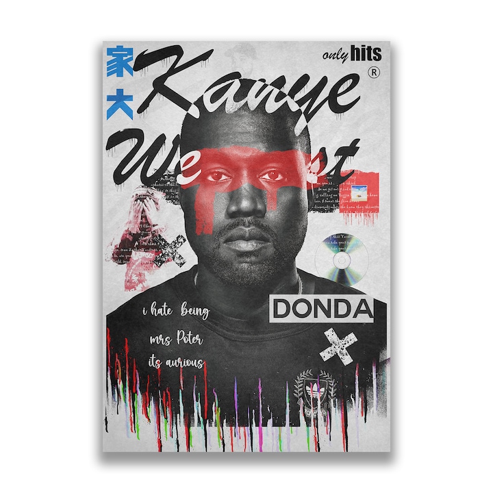 Първокласна картина на платно, LuxCanva® A1015, Kanye Omari West, 35 X 50 CM, 100% памучно платно 400g/m2, дървена рамка, декоративна, певец, художник, рапър, живи цветове