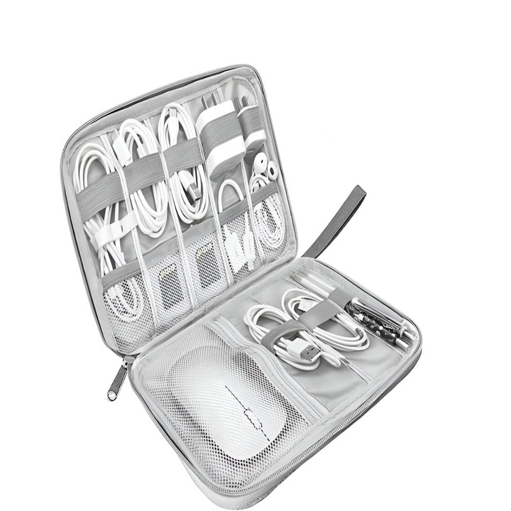 Utazási elektronikus kiegészítők Szervezőtáska, Vízálló, Vízálló, Utazástároló, Kábeltároló, Memóriakártyák, Stick, Adapterek, Egér, Fejhallgató, Cipzáras záródás, Rugalmas pántok, Szállítófogantyú, 25 x 19 cm, Szürke