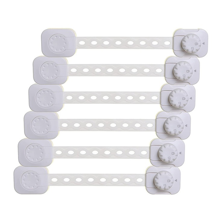 Set 6 bucati Siguranta usi copii, Cafuneplus®, anti deschidere accidentala, cu sistem de inchidere dublu, fara urme dupa indepartare, ajustabile pe lungime, pentru blocator sertare, usa cuptor, frigider, congelator, dulap