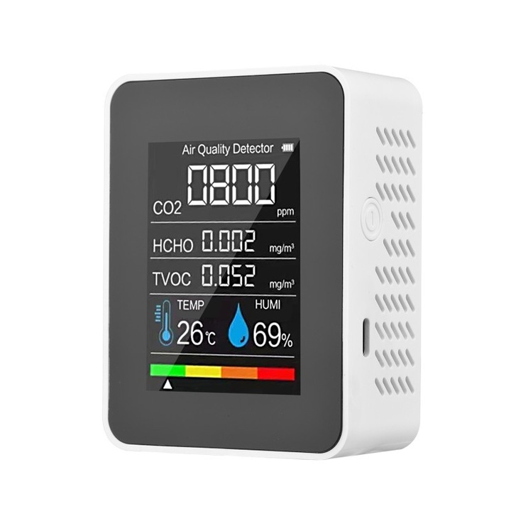 Digitális multifunkcionális teszter levegőminőséghez, CO2, HCHO, TVOC, hőmérséklet és páratartalom, 5 az 1-ben, fehér szín