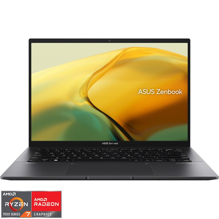 Laptop ultraportabil ASUS Zenbook 14 UM3402YA cu procesor AMD Ryzen™ 7 7730U pana la 4.50 GHz, 14", WQXGA, IPS, 16GB, 1TB SSD, AMD Radeon™ Graphics, No OS, Jade Black, Garantie extinsa 3 ani