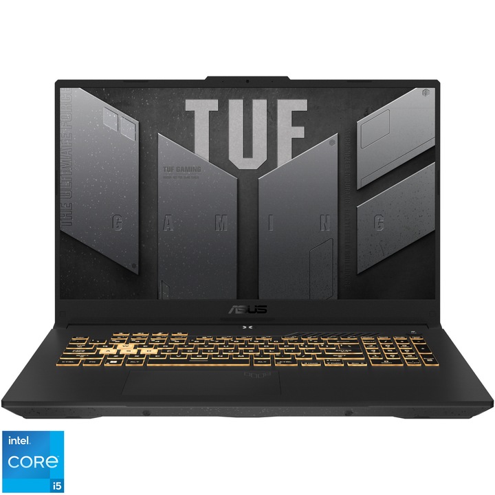 Laptop Gaming ASUS TUF F17 FX707ZC4 cu procesor Intel® Core™ i5-12500H pana la 4.50 GHz, 17.3", Full HD, IPS, 144Hz, 16GB, 512GB SSD, NVIDIA® GeForce RTX™ 3050 4GB GDDR6, No OS, Mecha Gray