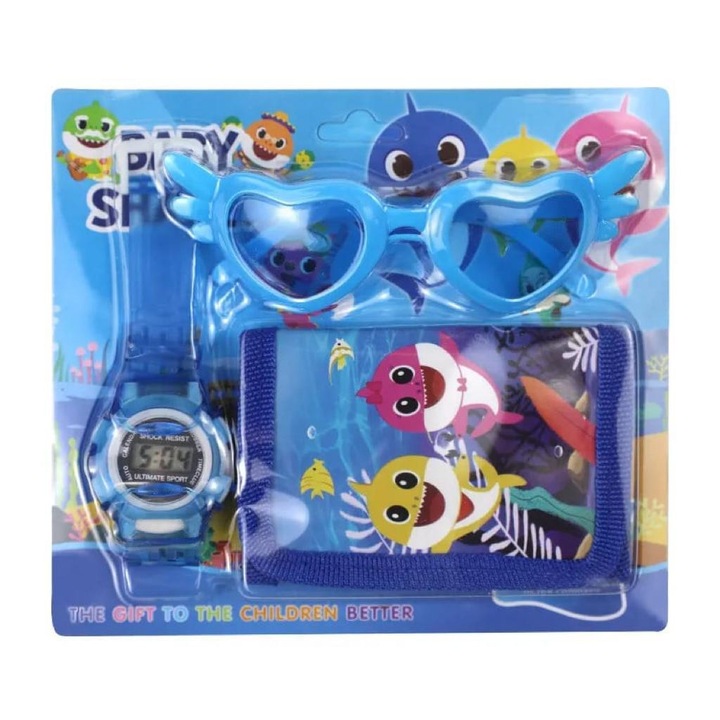 Set ceas electronic de mana, portofel si ochelari copii tip Baby Shark