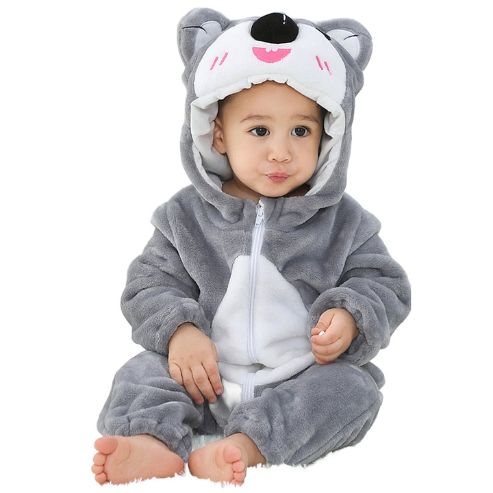 Pijama kigurumi pentru bebelusi tip salopeta din material moale si pufos Gri-Alb, Alb/Gri