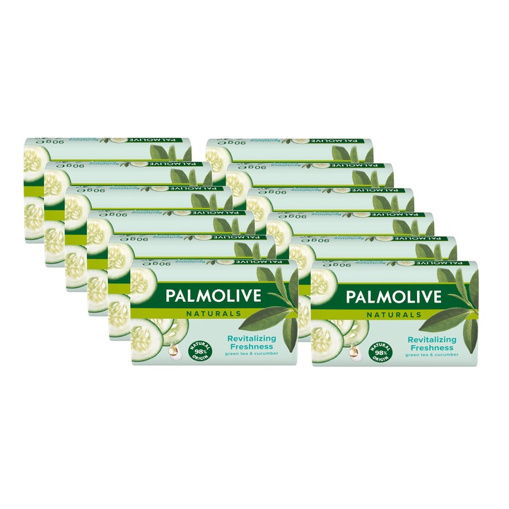 Set 12 x Sapun solid Palmolive Naturals ceai verde si castravete, 90 gr