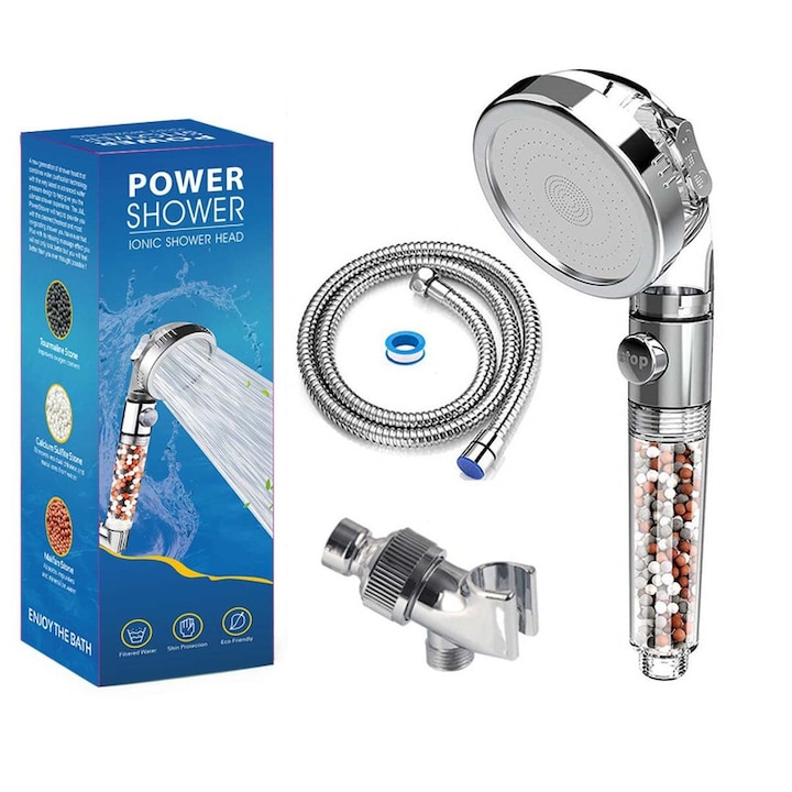 Para dus, Cafuneplus®, Filtru apa, 3 Functii, filtrare dubla, Inox, 3 Moduri de Pulverizare, Cu Furtun de din Otel Inoxidabil si Suport pentru Para, economisire apa, Argintiu