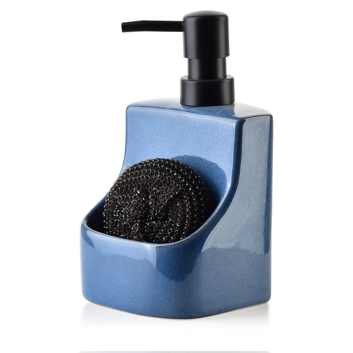 Dispenser manual cu burete inclus, Cookini by Mondex, Ceramica, 450 ml, 9 x 9.5 x 18 cm, Albastru/Negru