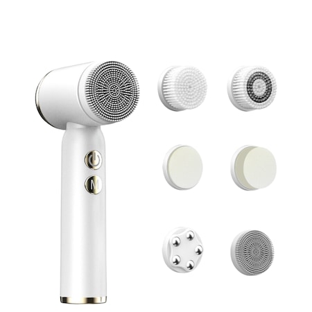 Aparat pentru curatarea si masajul tenului Evolve-x®, cu perie rotativa 360 de grade, 3 viteze, masaj facial, exfoliere, rezistent la apa, cu 6 capete incluse, display LED si acumulator, alb