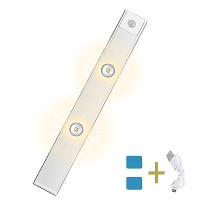Lampa LED cu senzor de miscare, ochi de pisica, fara fir, incarcare USB, 30x3.9x0.9cm, lumina schimbatoare in trei culori, cu suport magnetic, pentru dressing, dulap de bucatarie, baie, hol, scari, portabila, Alb