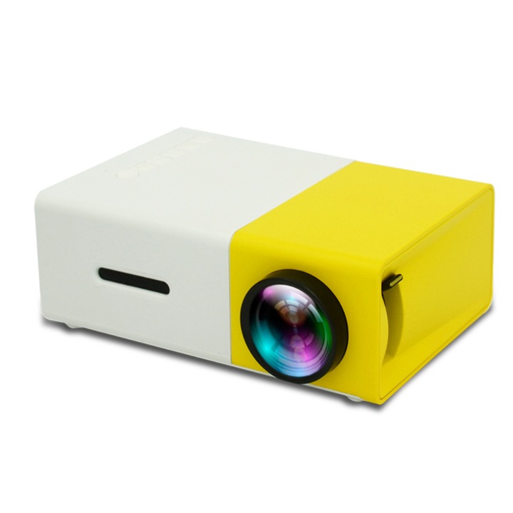 Мини видео проектор, Sunmostar, LED светлина, 24 W, HDMI/USB/Micro SD/DVD, Жълт/БЯЛ