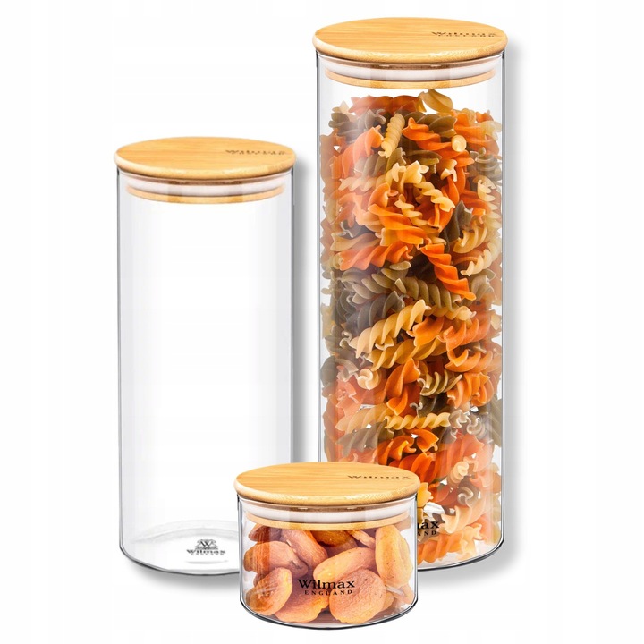 Set de 3 buc Borcan de sticla cu capac de bambus, WILMAX ENGLAND, Transparent