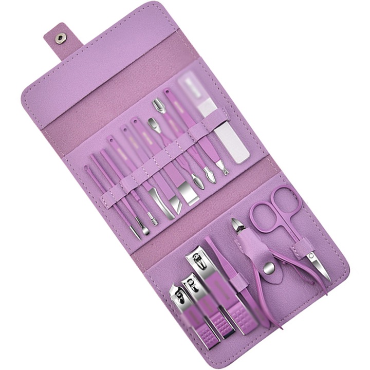 Trusa Manichiura Pedichiura, Set de 16 piese, Cu pila din sticla, foarfeca, unghiera, cleste cuticule, impingator cuticule, Durabil, usor de taiat, Otel inoxidabil, Vaxiuja, Violet