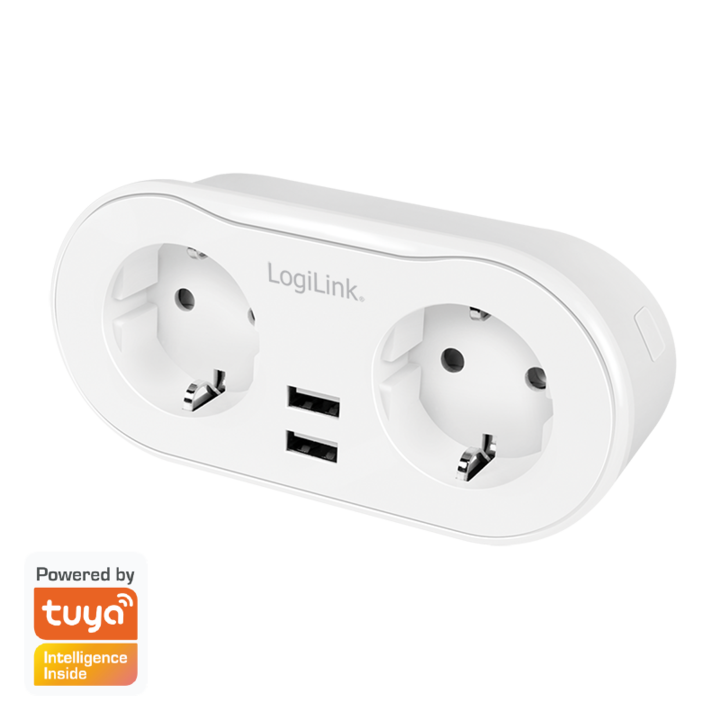 Смарт контакт LogiLink SH0102, Wi-Fi, 2 контакта, 2x USB-A 5 V/2,4 A (макс. 12 W), Защита от свръхток/пренапрежение, IP20, Съвместим с Tuya, Бял