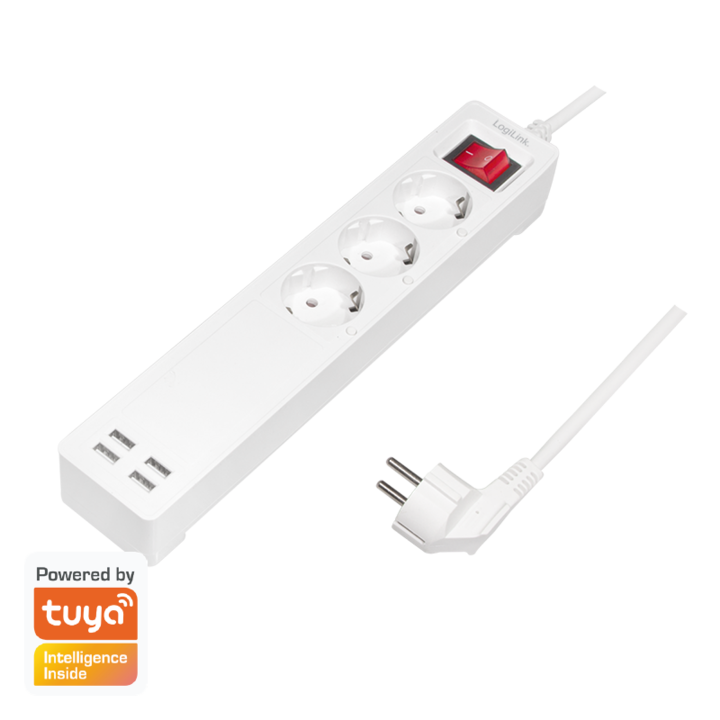 Prelungitor inteligent LogiLink SH0103, Wi-Fi, cu intrerupator, 3 prize, 4x USB-A 5 V/2.1 A (max. 10.5 W), protectie supracurent/supratensiune, IP20, compatibil TUYA, H05VV-F 3G 1.5 mm², cordon 1.7m, Alb