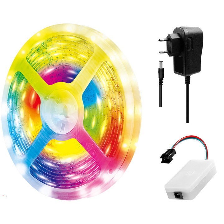 Banda LED RGB inteligenta LogiLink, Wi-Fi, 400 lm, lumina colorata, autoadeziva, IP65, compatibil TUYA/Amazon Alexa/Google Home, 5m