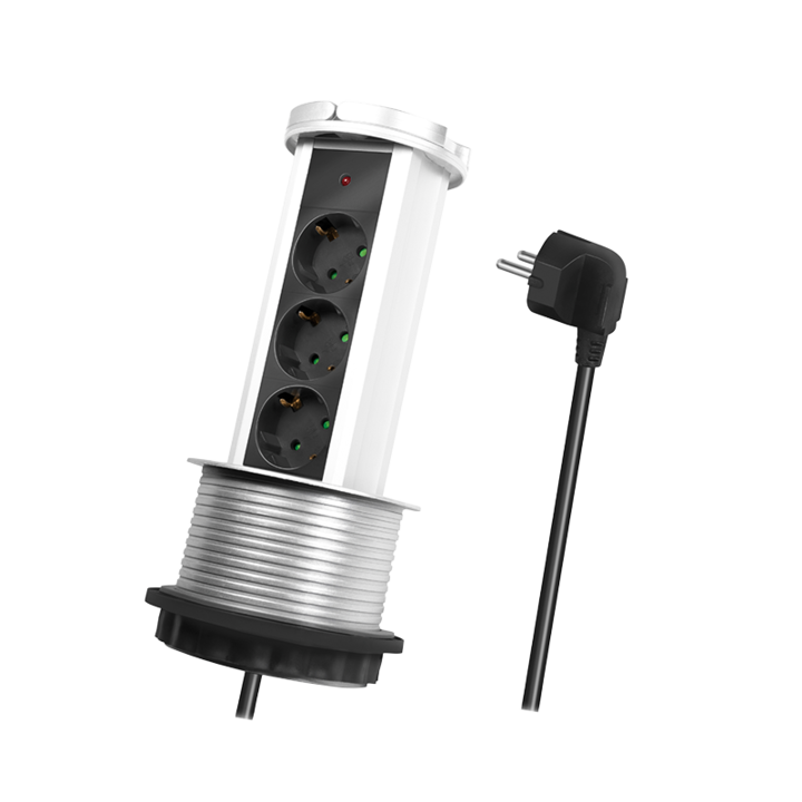 Разклонител LogiLink LPS235A, 3 гнезда, Механизъм за повдигане/спускане, LED индикатор, H05VV-F 3G 1.5 мм², Кабел 1.8 м, Сребрист/Черен/Бял