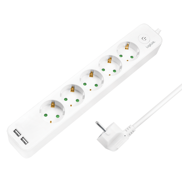 Разклонител LogiLink LPS249U, Светещ превключвател, 5 гнезда, 2xUSB 5 V/2.1 A 10.5 W, IP20, H05VV-F 3G 1.5 мм², Кабел 1.5 м, Бял