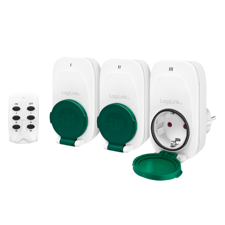 Комплект 3 адаптера за контакт LogiLink EC0008, За външно приложение, С дистанционно управление, 30 м, 230 V/16 A, 50 Hz, 3600 W, IPX4, Бял/Зелен