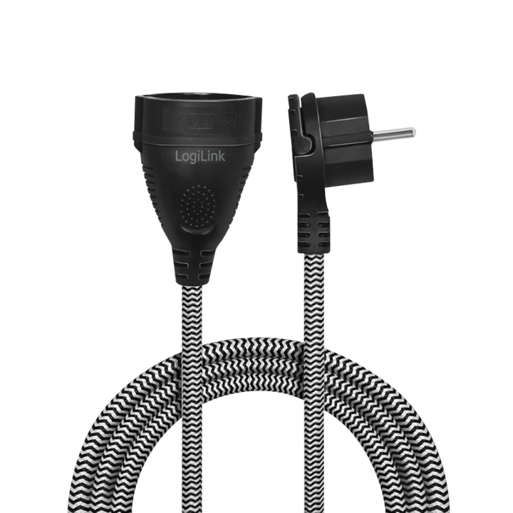 Удължител LogiLink LPS104, Текстилен материал, Плосък контакт, 1 изход, IP20, H05VV-F 3G 1,5 мм², Кабел 3 м, Черен/Бял