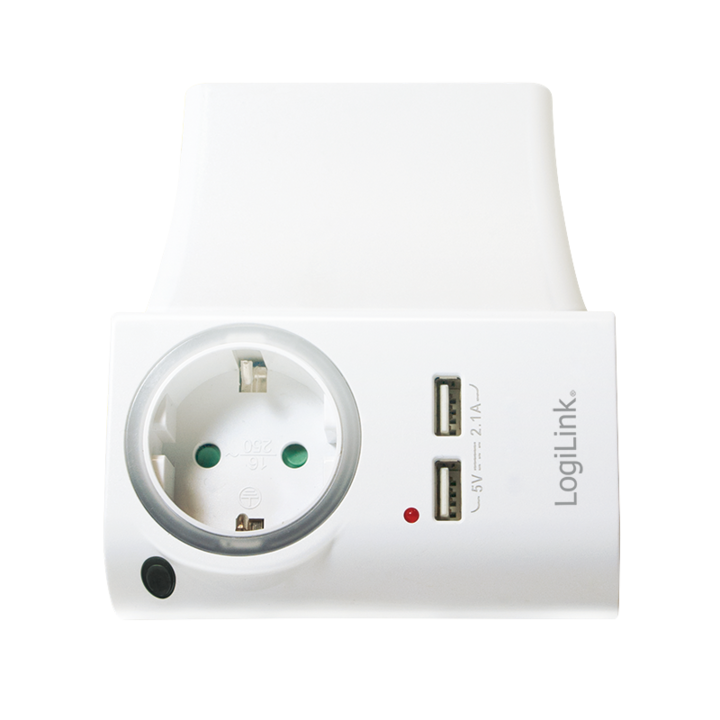 Адаптер за контакт LogiLink PA0165, С държач за телефон/таблет, 1 контакт, 2x USB-A 5V/2.1A, LED осветление, IP20, Бял