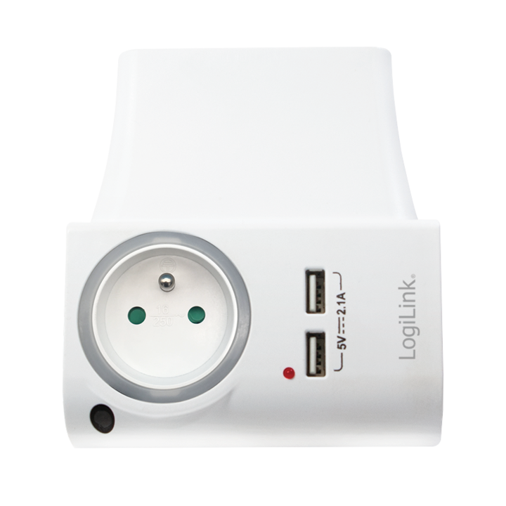 Адаптер за контакт LogiLink PA0166, С държач за телефон/таблет, 1 контакт, 2x USB-A 5V/2.1A, LED осветление, IP20, Бял